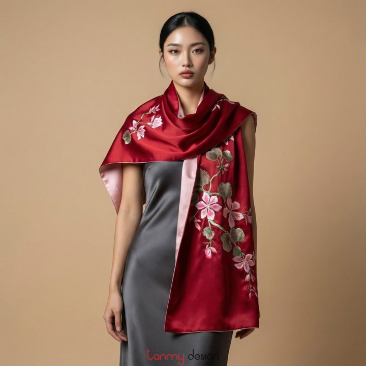 Khăn lụa 2 mặt đỏ thêu hoa lan 40*200 cm